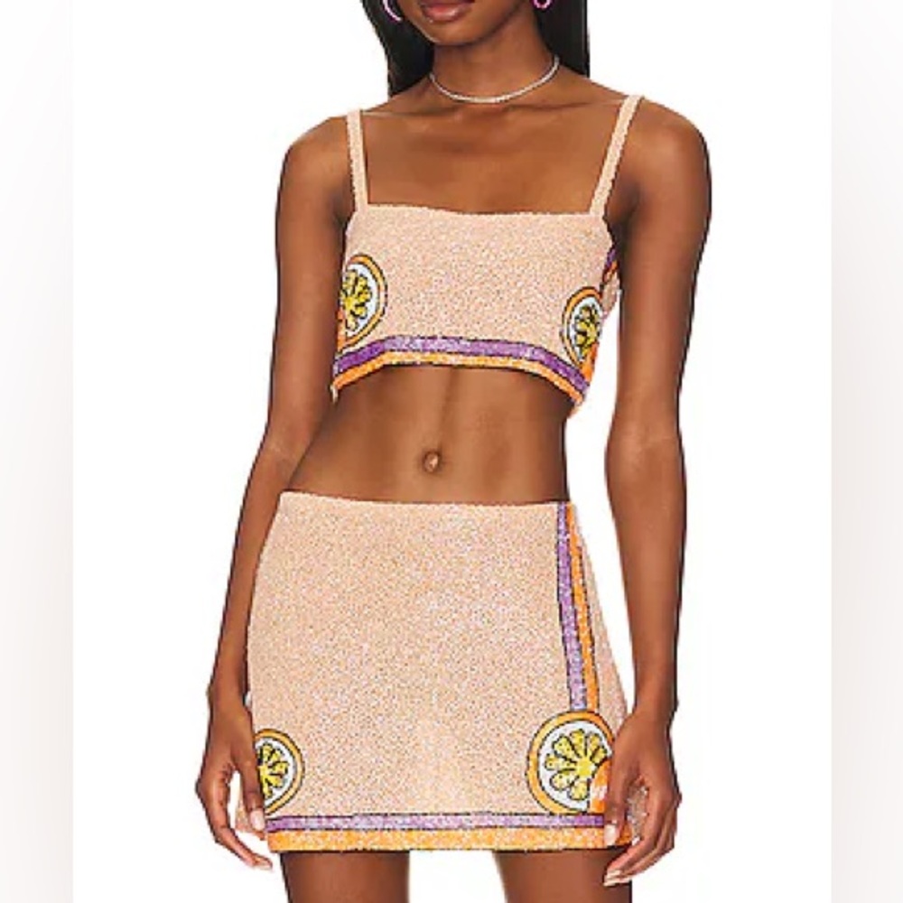 Oceanus Melodie Co-ord Hand Embroidered Crystal Peach Skirt and top